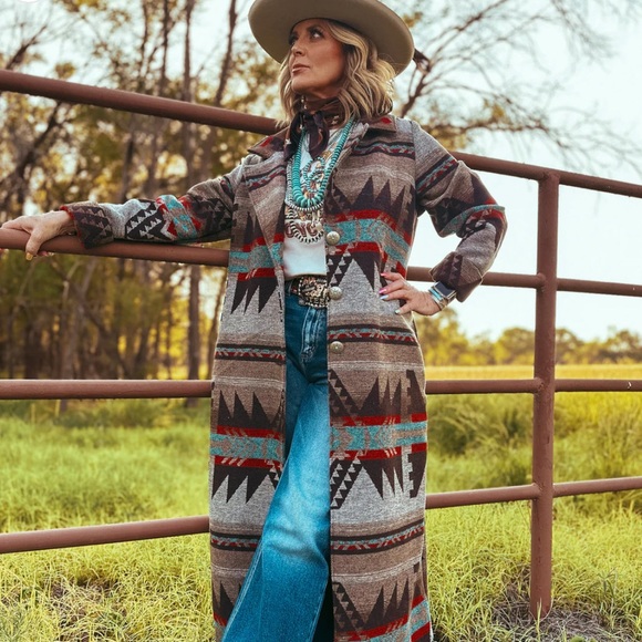 Geometric Patterned Black and Blue Women's long line Coat